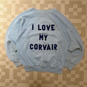 Vintage 70s Sportswear I Love My Corvair Sweatshirt Blue Flocked Raglan Medium